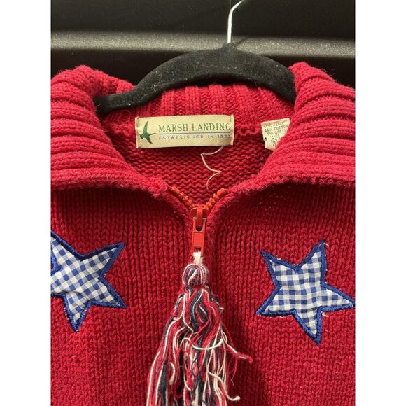 Marsh Landing Zip Front Cardigan Sweater Large Red White Blue Mitten Star USA - Picture 5 of 15